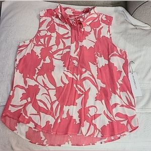 Liz Claiborne Floral Top Collared Neckline Sleeveless Pink Whitw Shirt NEW NWT